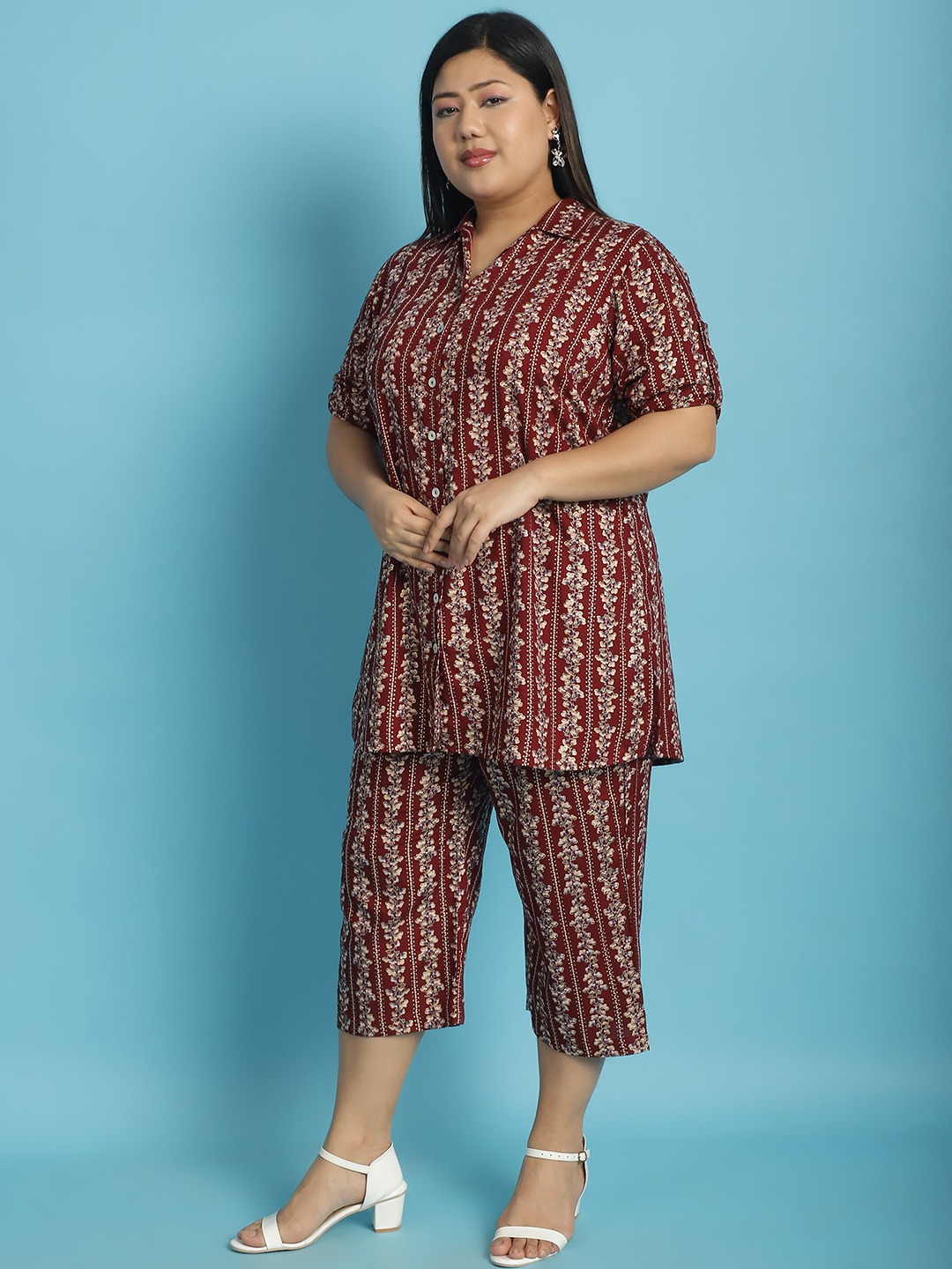 Women's Plus Size Maroon Gold floral printed Shirt With Capri