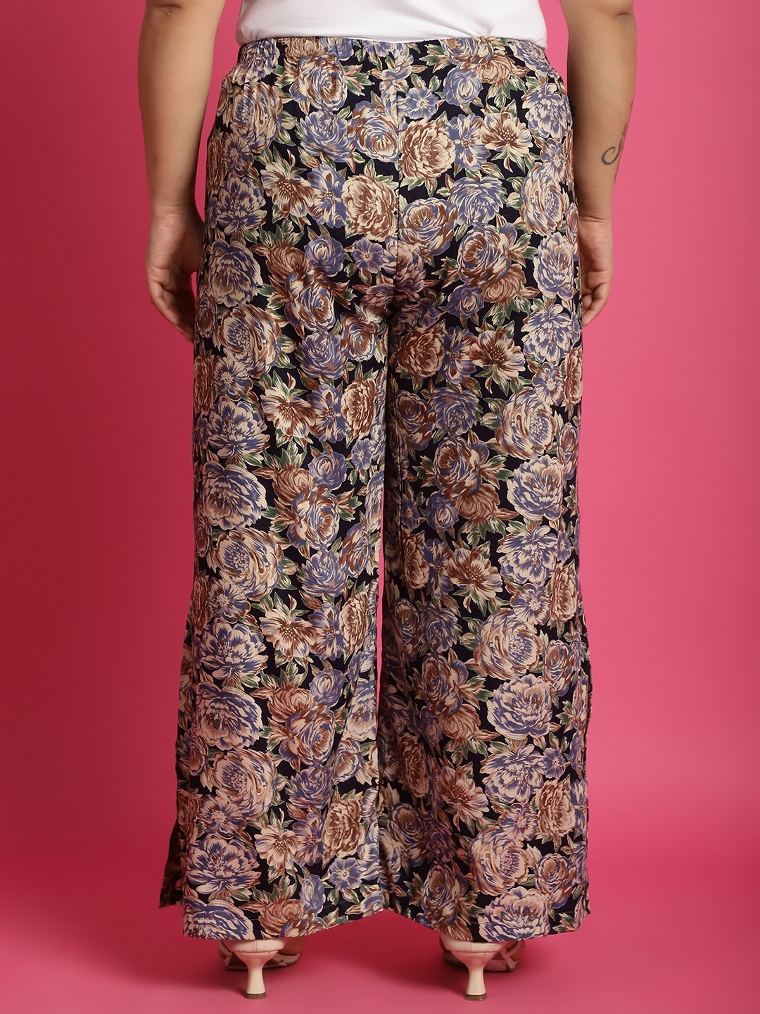 Women's Plus Size Navy Rose floral printed Wide Leg Mid-Rise Palazzo