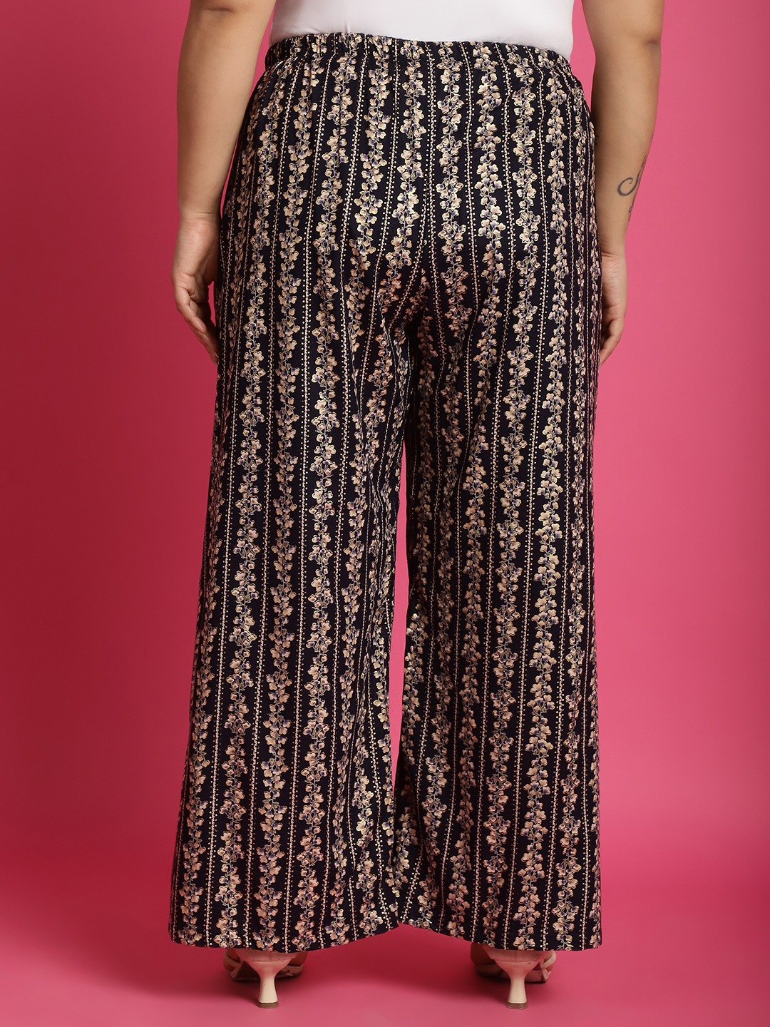 Women's Plus Size Navy Gold floral printed Wide Leg Mid-Rise Palazzo