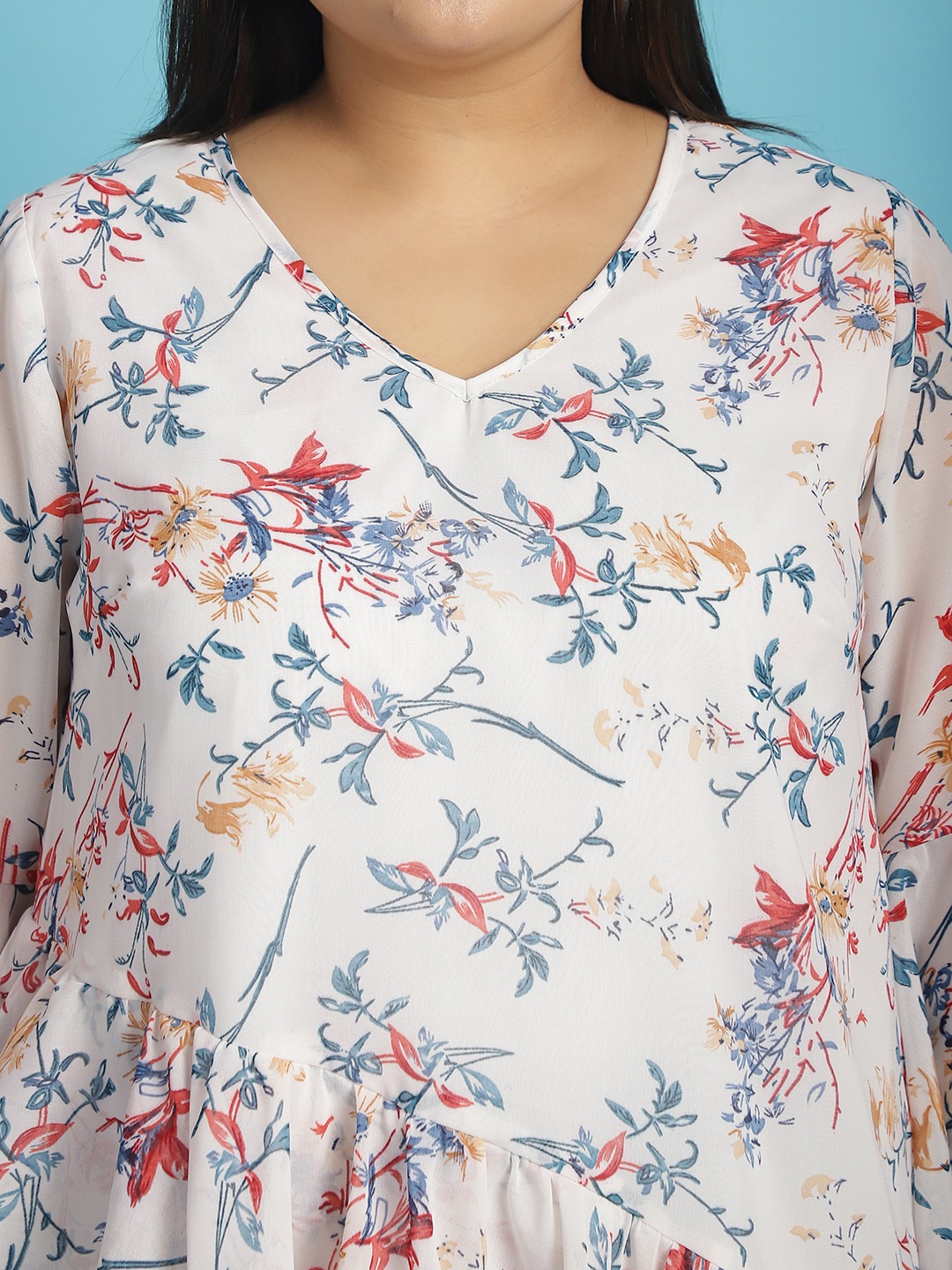 Women's Plus Size White Blue & Red Floral Printed Georgette Longline Wrap Top