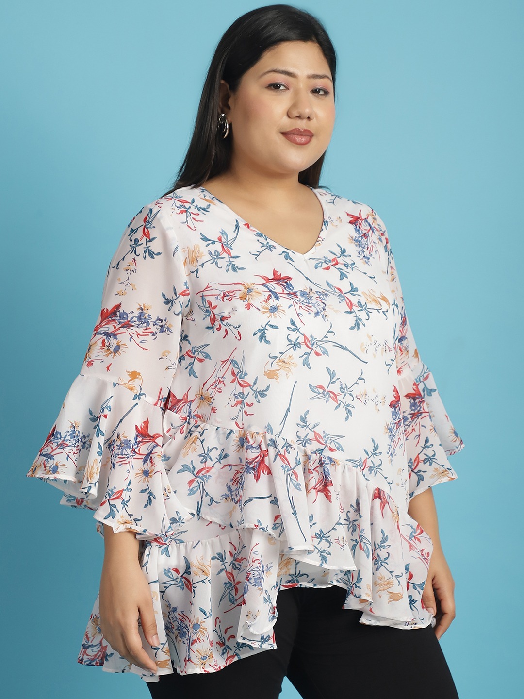 Women's Plus Size White Blue & Red Floral Printed Georgette Longline Wrap Top