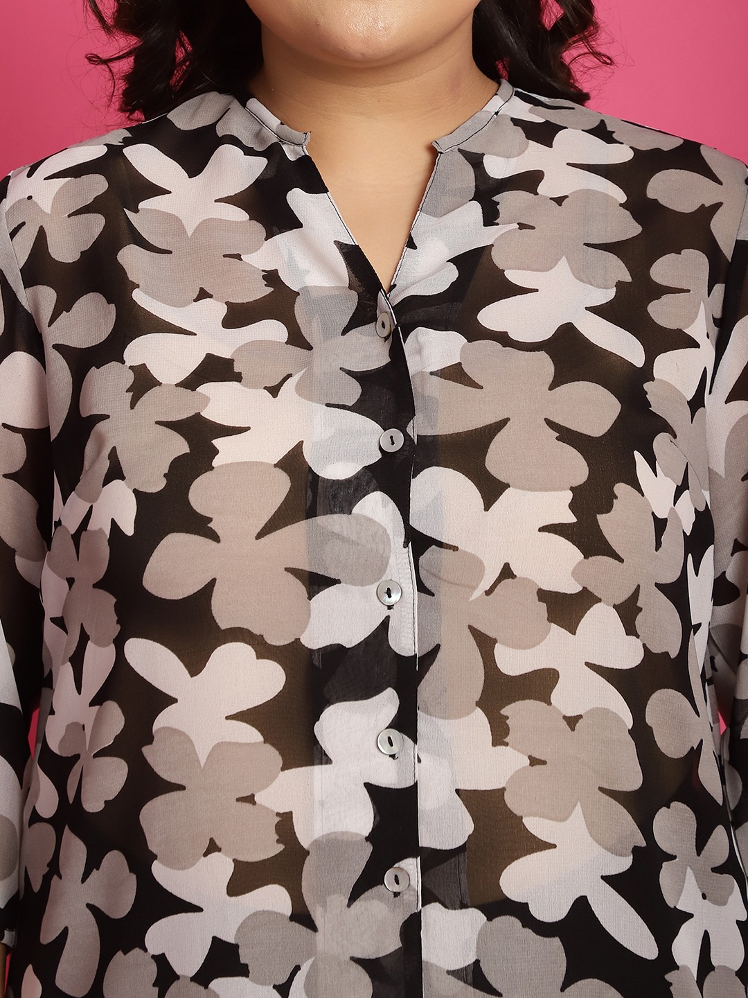Women's Plus Size Black White & Grey floral print Longline Casual Shirt
