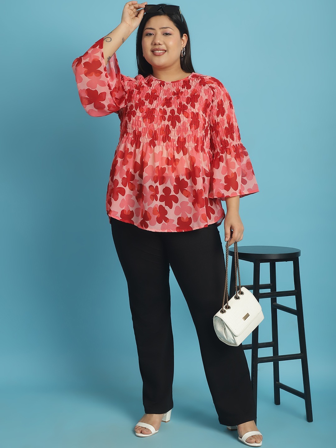 Women's Plus Size Pink Orange and Red floral print Georgette Semi Sheer Peplum Top