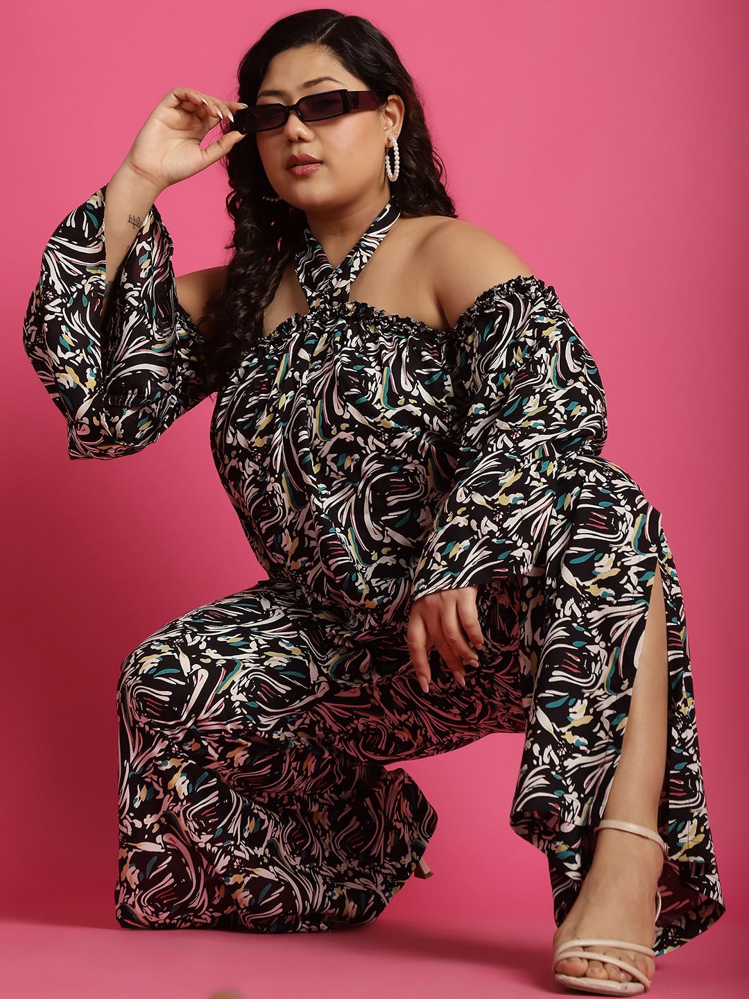 Women's Plus Size Black abstract printed Wide Leg Mid-Rise Palazzo