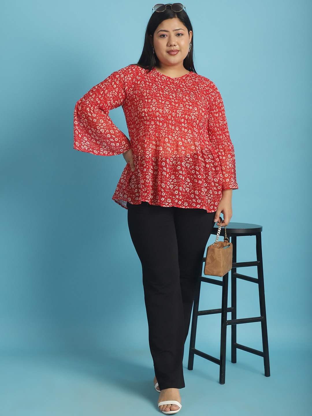Women's Plus Size Red and White floral print Georgette Semi Sheer Peplum Top
