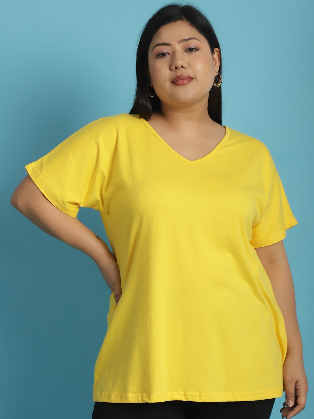 Women's Plus Size Yellow solid color cotton knitted T-shirt