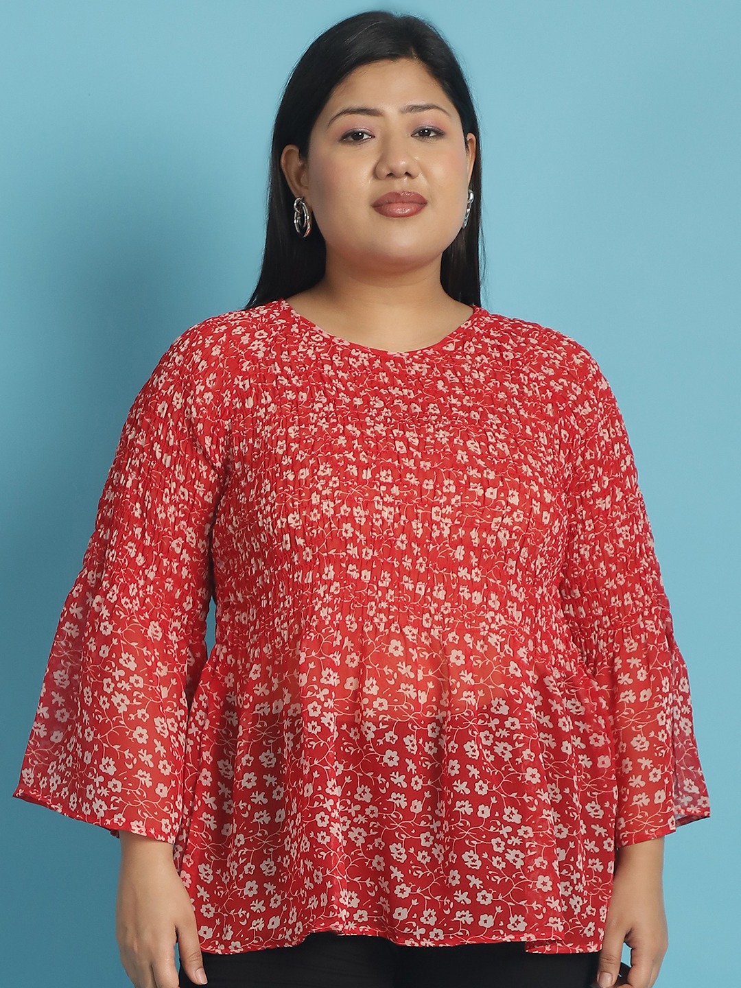 Women's Plus Size Red and White floral print Georgette Semi Sheer Peplum Top