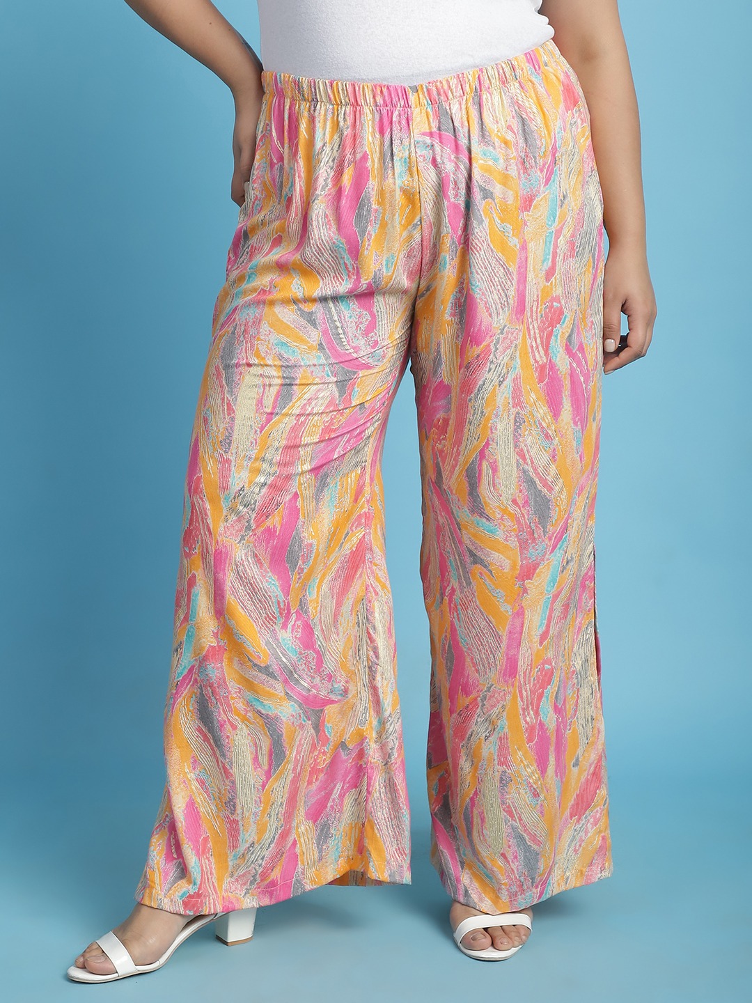Women's Plus Size Pink Gold Foil printed Wide Leg Mid-Rise Palazzo