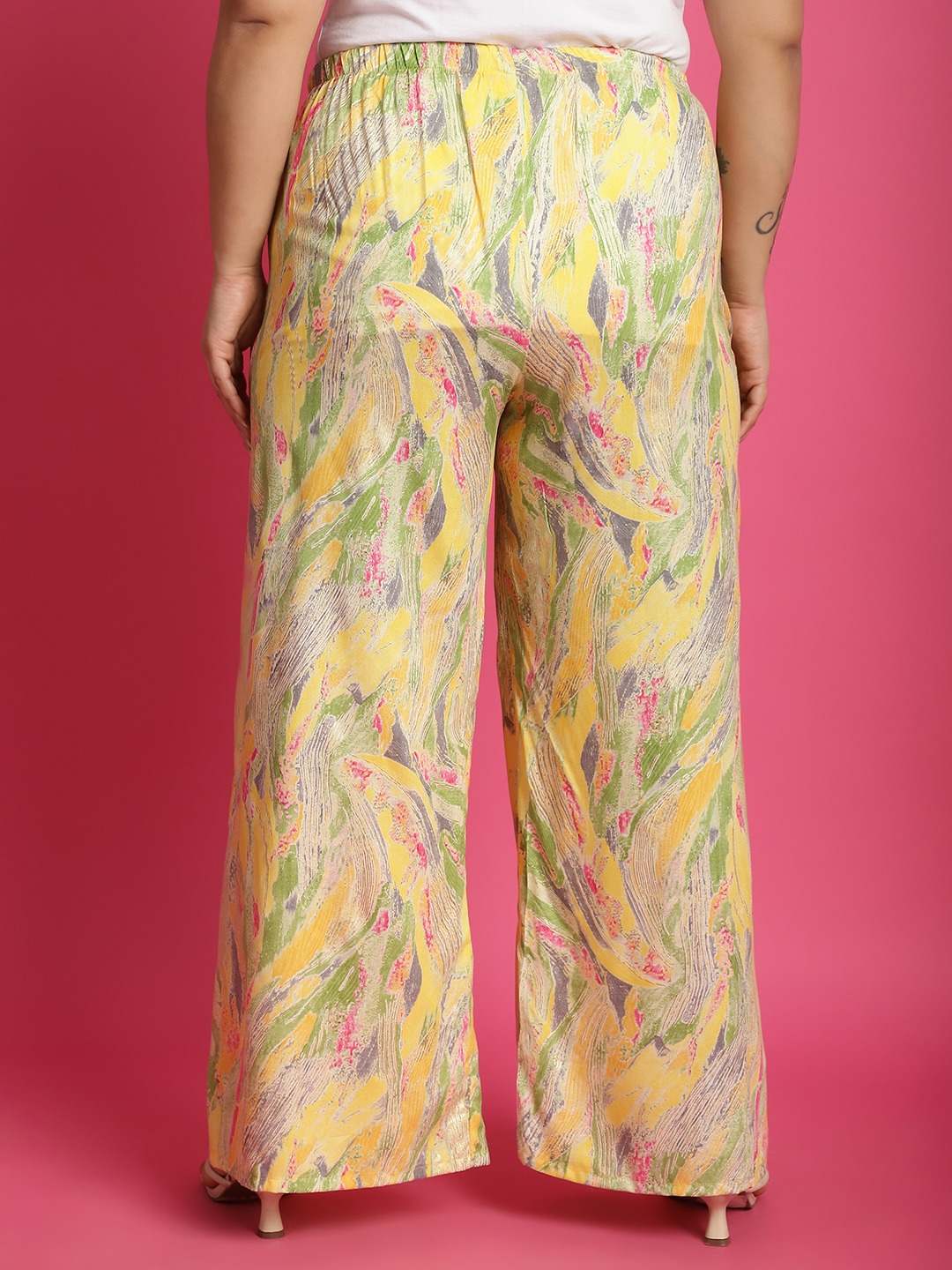 Women's Plus Size Yellow Gold Foil printed Wide Leg Mid-Rise Palazzo