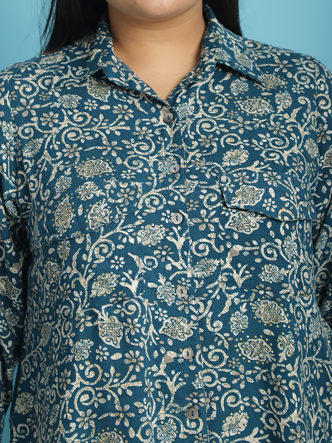 Women's Plus Size Teal Floral Batik abstract printed casual shirt