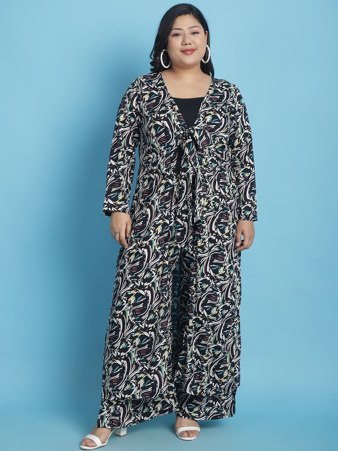 Women's Plus Size Black abstract printed Tie-Up Longline Shrug