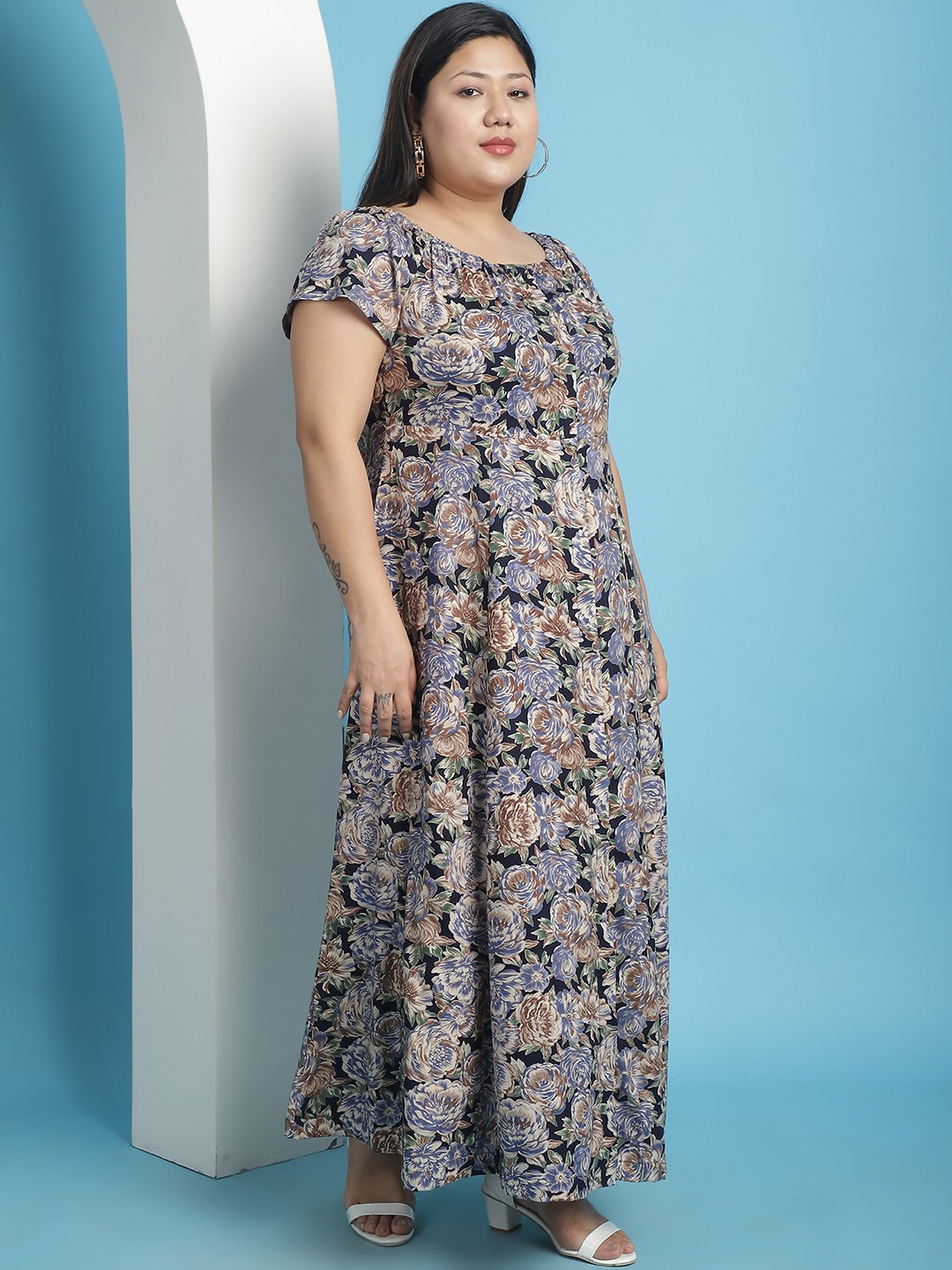 Women's Plus Size Navy Rose floral printed A-Line Maxi dress
