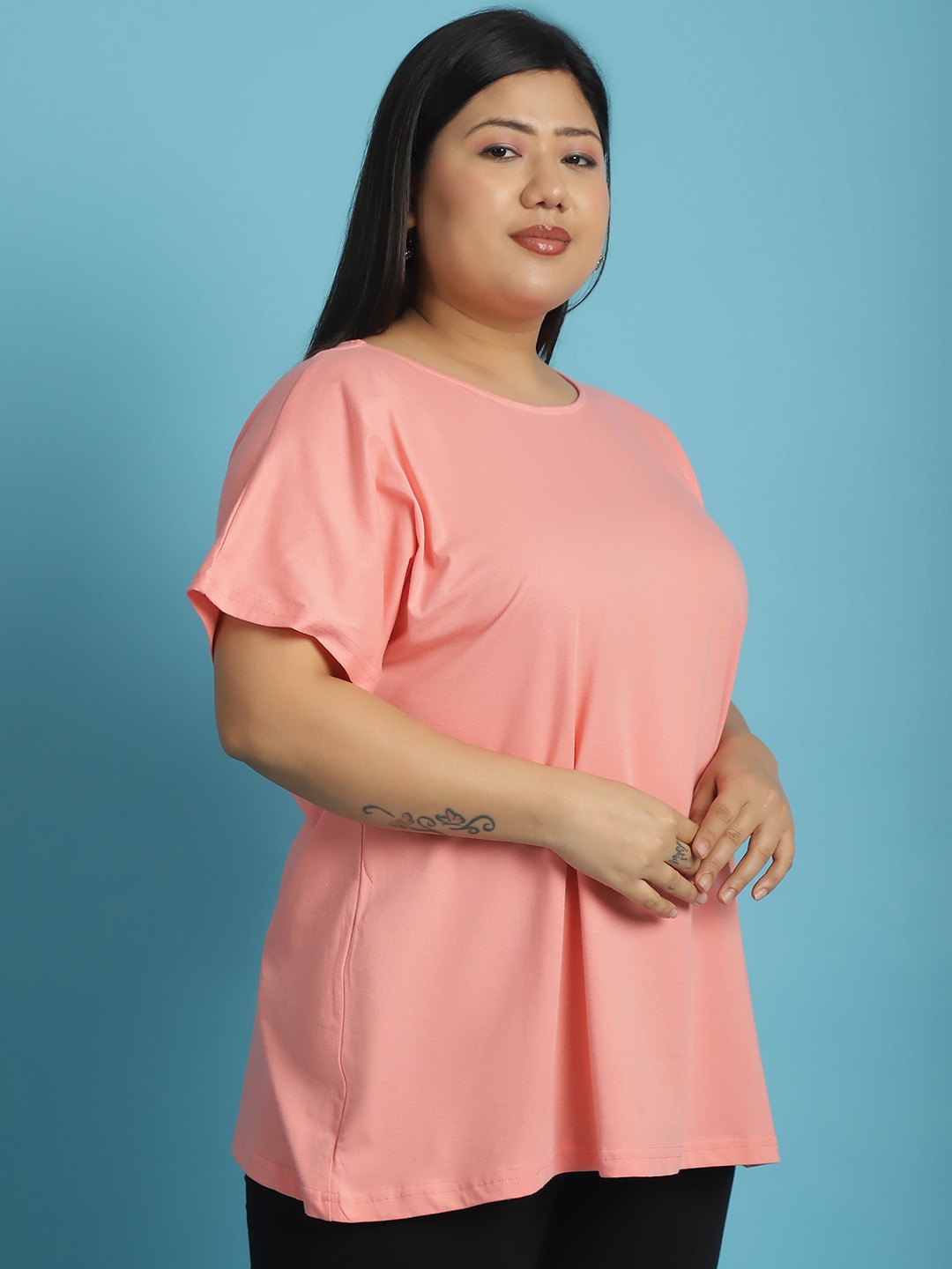 Women's Plus Size Dark Peach solid color cotton knitted T-shirt