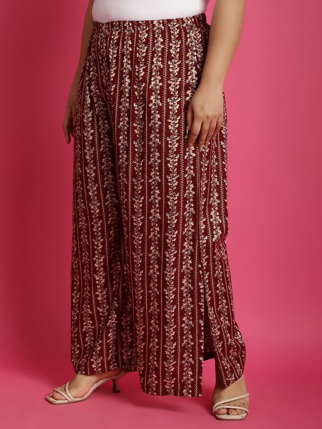 Women's Plus Size MaroonBeige & Gold floral printed Wide Leg Mid-Rise Palazzo