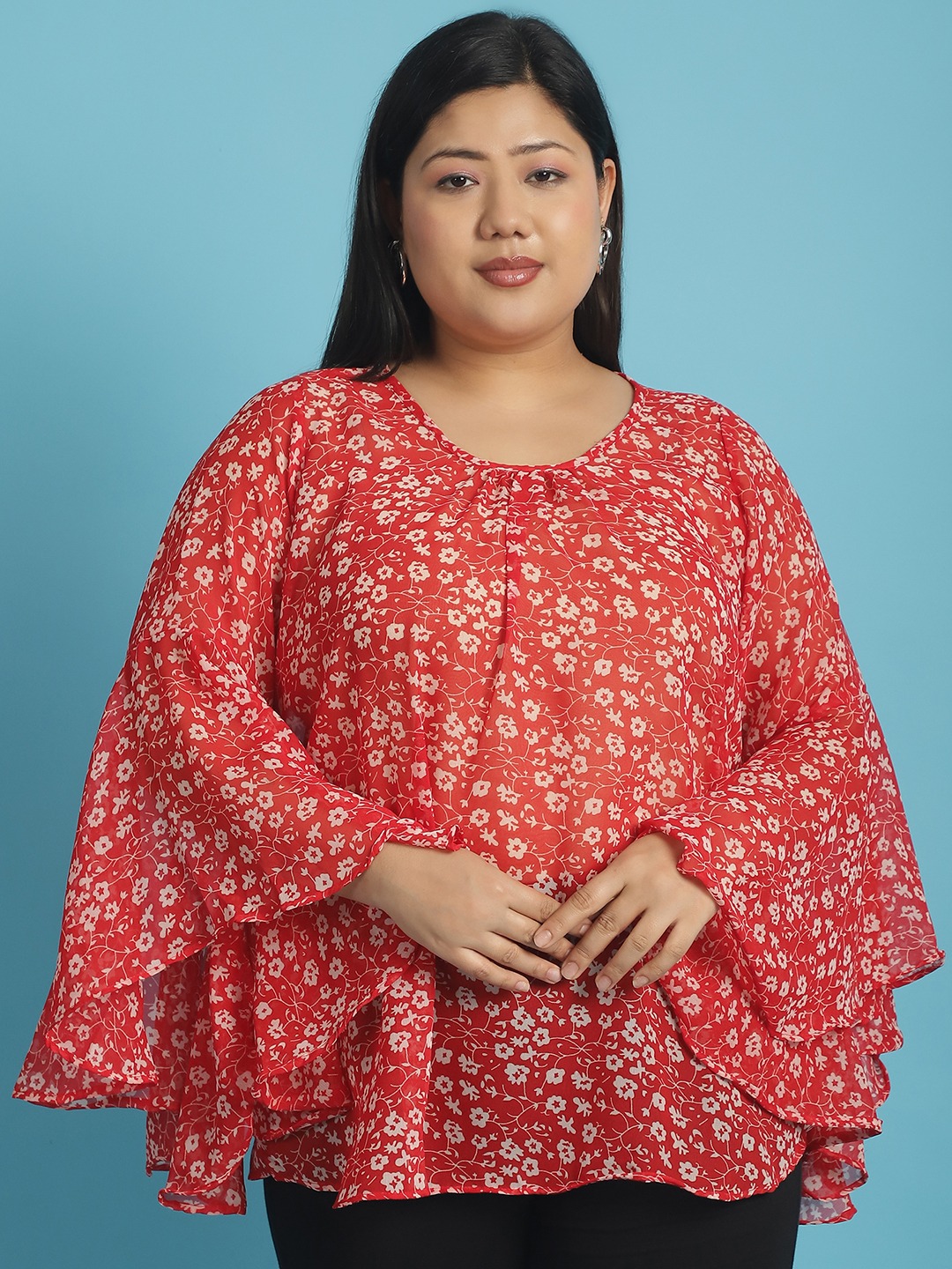 Women's Plus Size Red & White floral print Georgette Longline Top