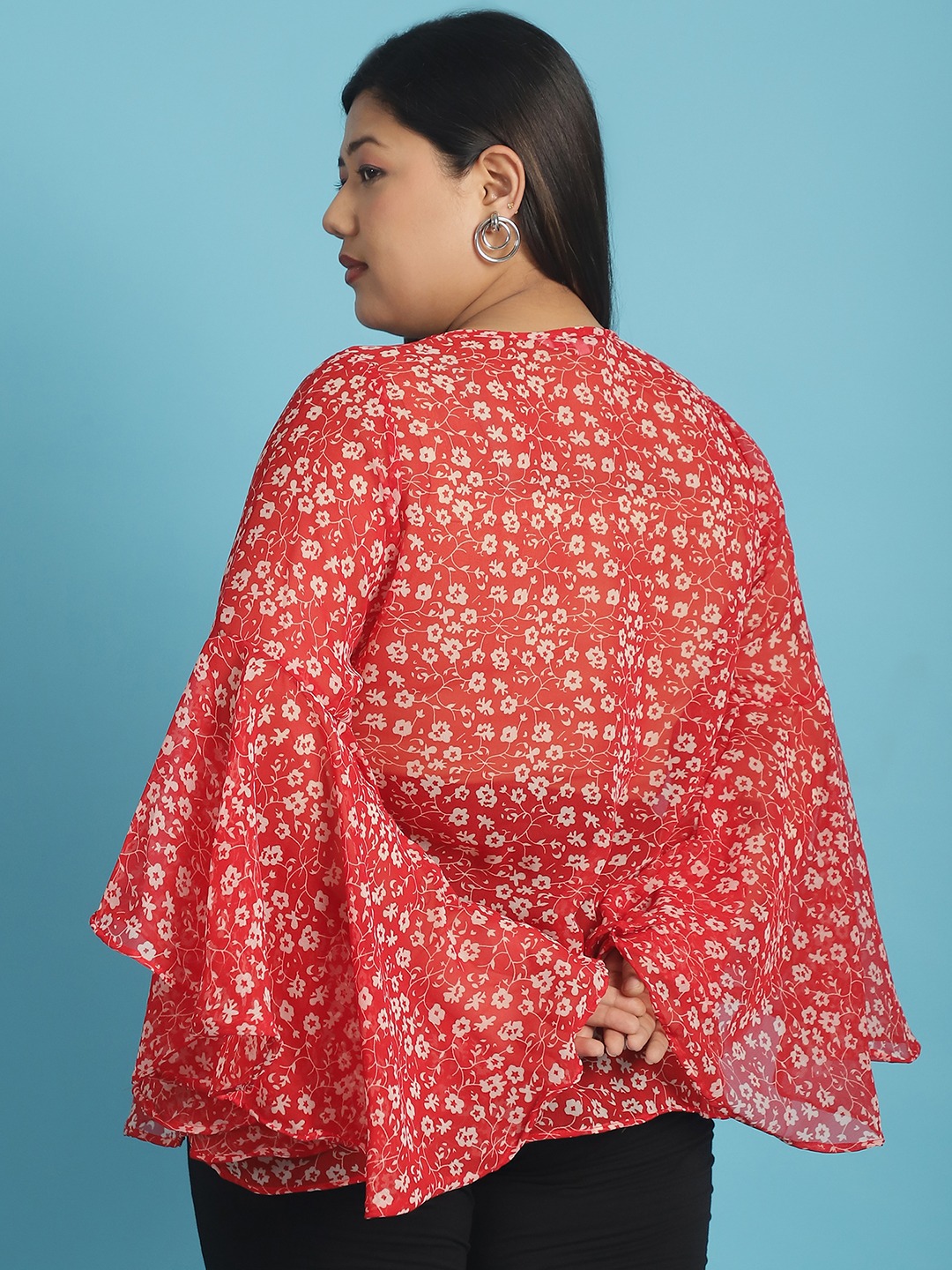 Women's Plus Size Red & White floral print Georgette Longline Top