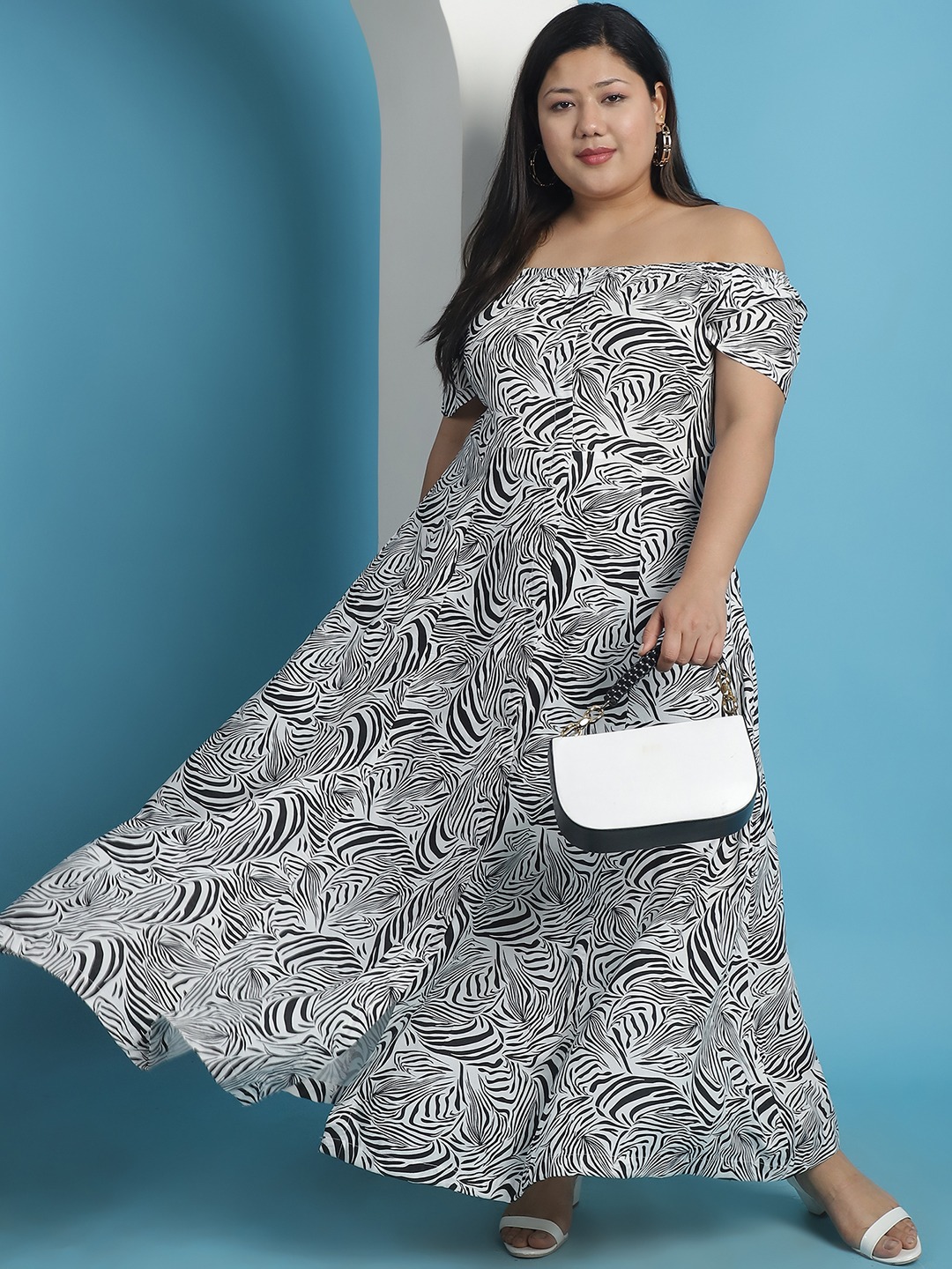 Women's Plus Size Black & White Zebra printed A-Line Maxi dress
