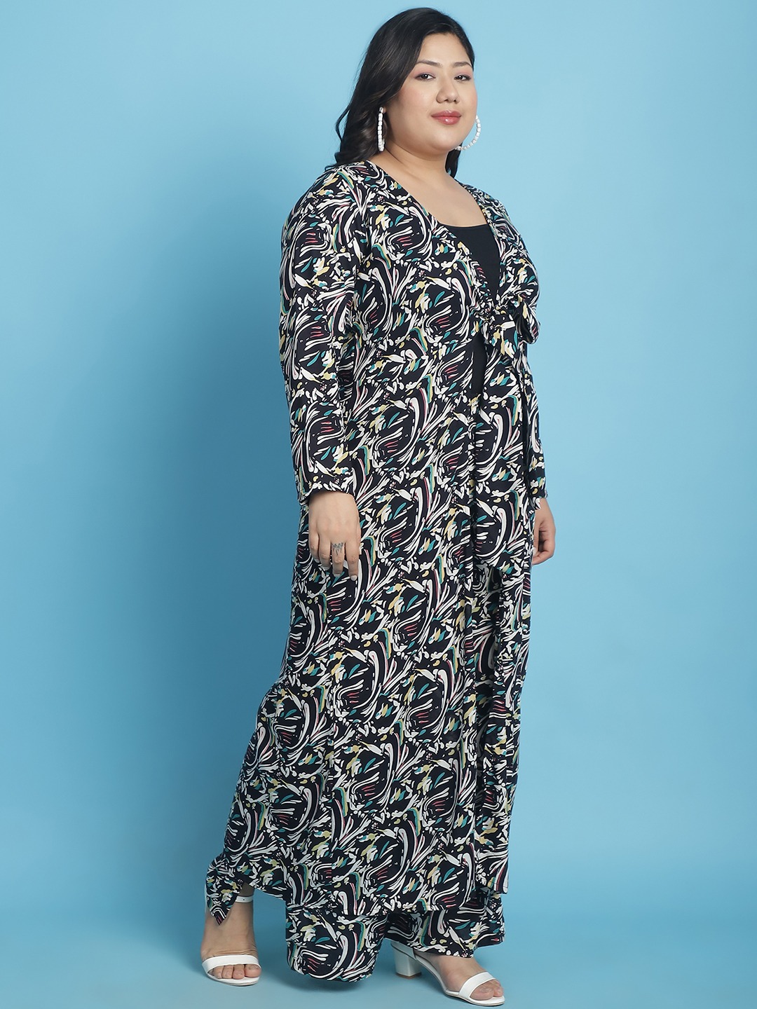 Women's Plus Size Black abstract printed Tie-Up Longline Shrug