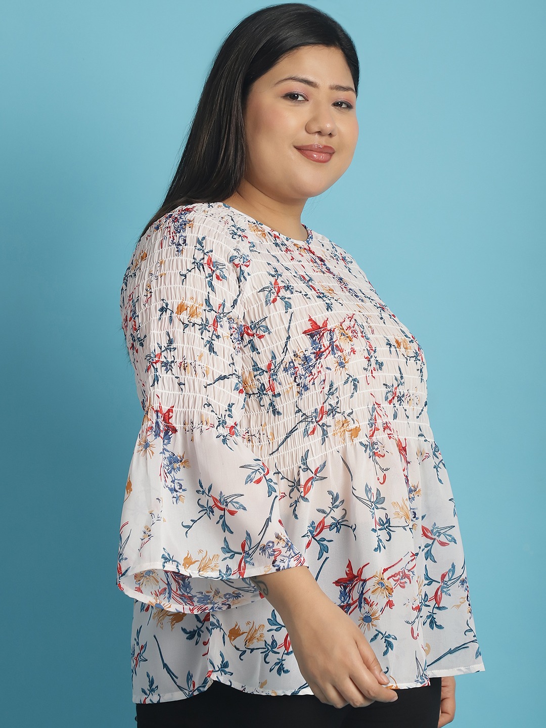 Women's Plus Size White Red and Blue floral print Georgette Semi Sheer Peplum Top