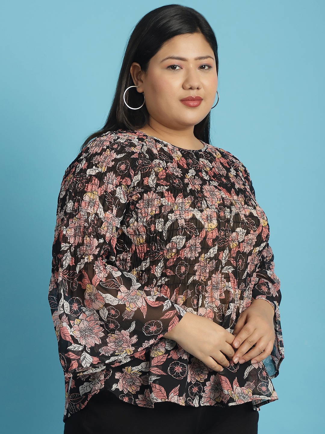 Women's Plus Size Black White and Pink floral print Georgette Semi Sheer Peplum Top