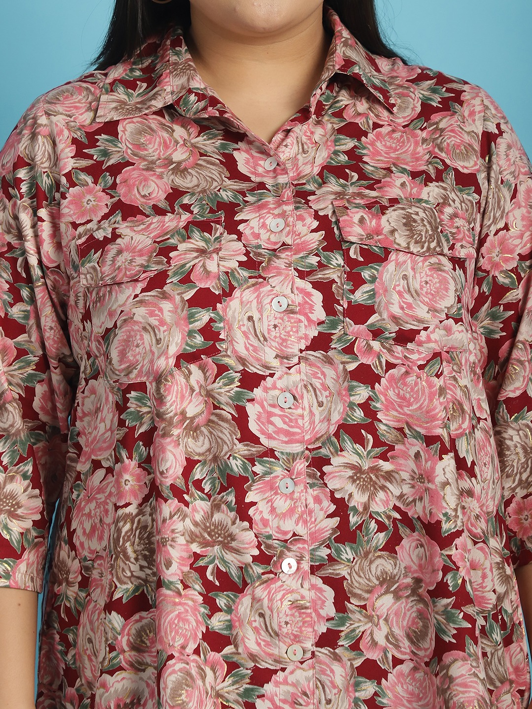Women's Plus Size Maroon Rose Floral abstract printed casual shirt