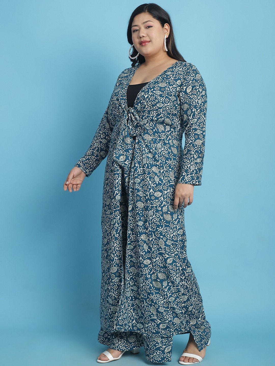 Women's Plus Size Teal floral batik printed tie-up Longline Shrug