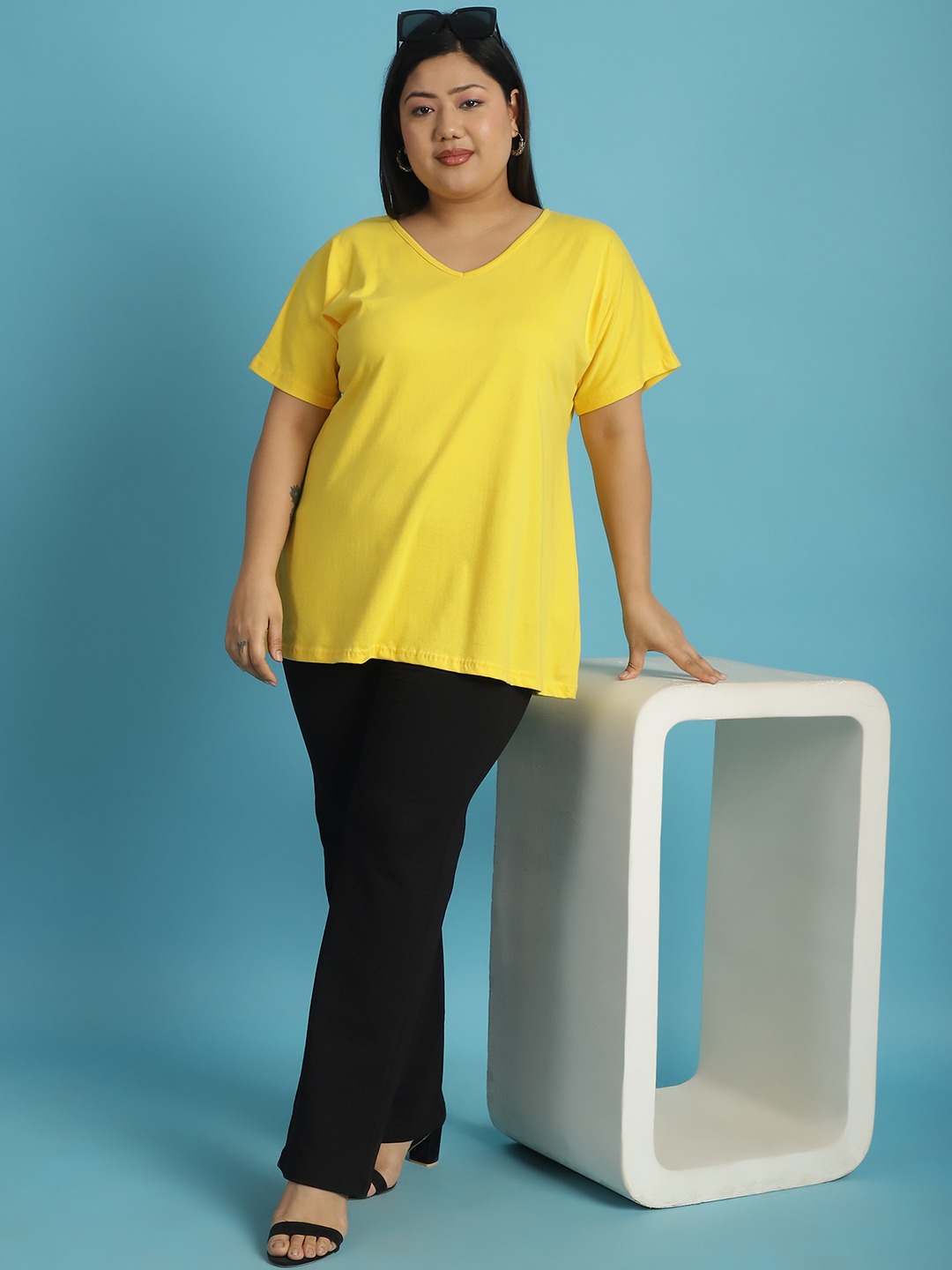 Women's Plus Size Yellow solid color cotton knitted T-shirt