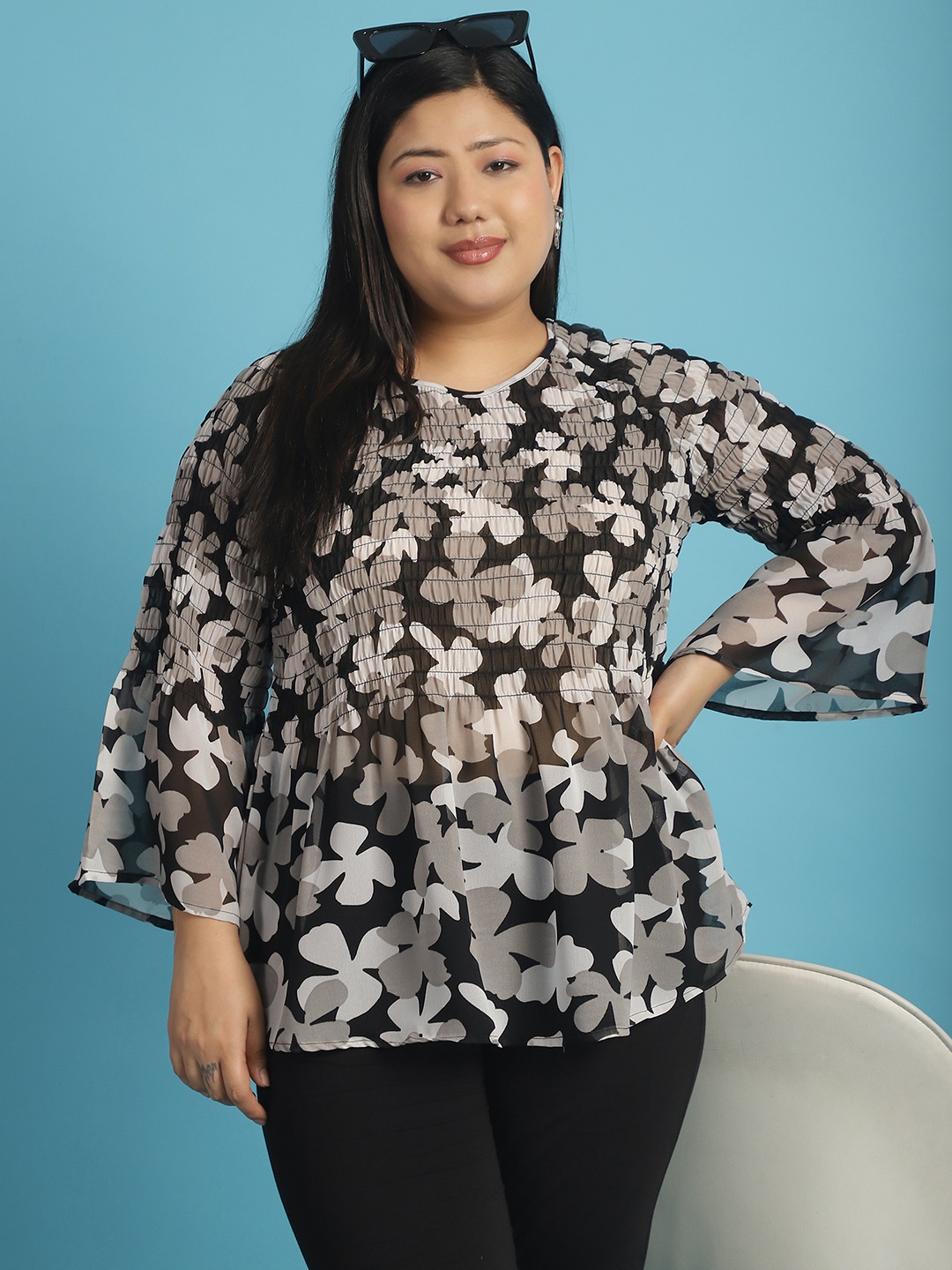 Women's Plus Size Black White and Grey floral print Georgette Semi Sheer Peplum Top
