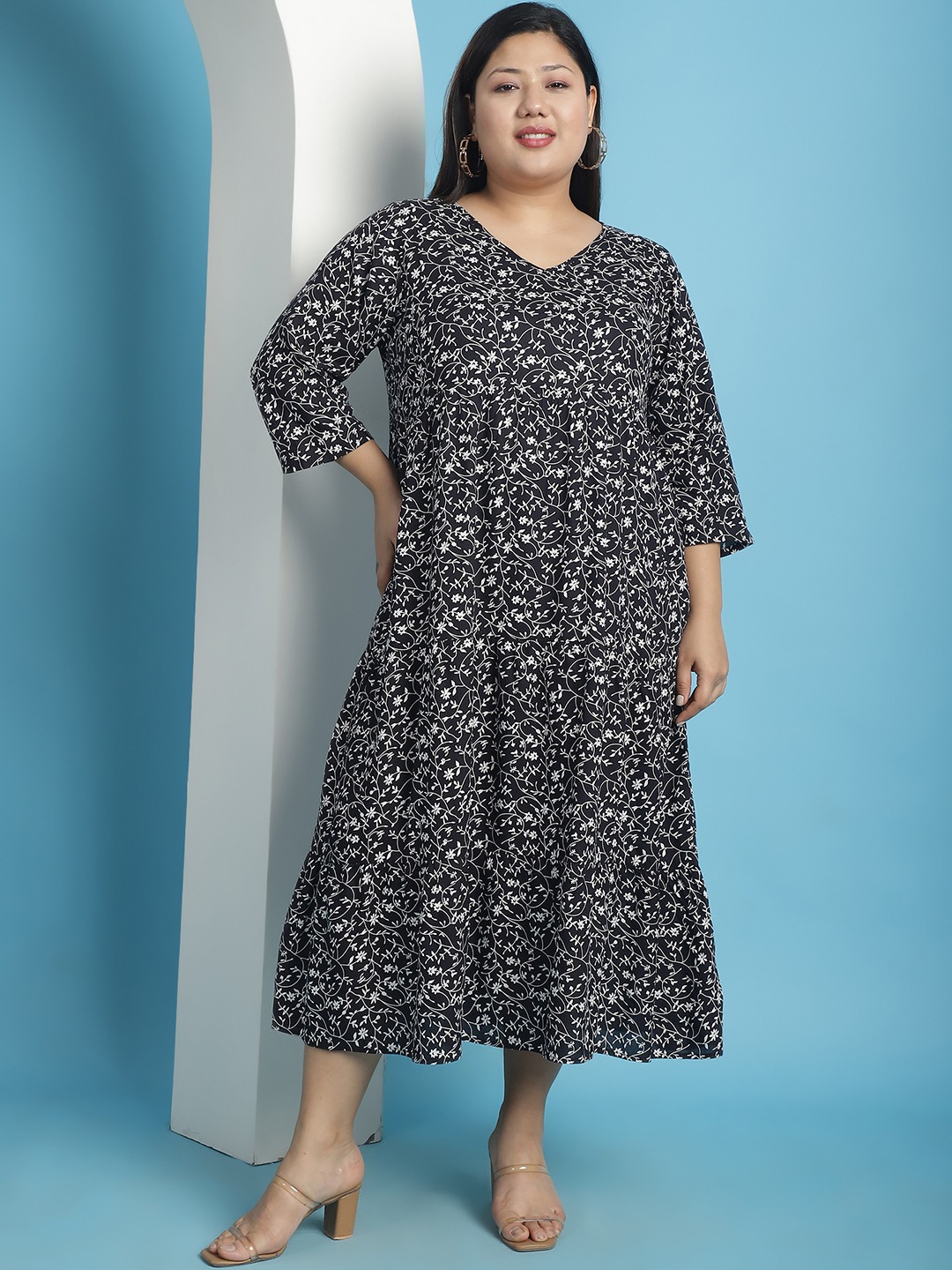 Women's Plus Size Black small floral printed A-Line Midi dress
