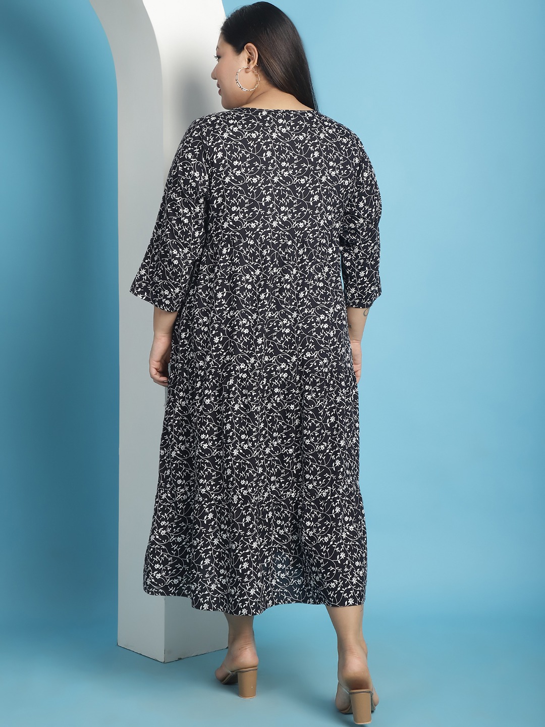 Women's Plus Size Black small floral printed A-Line Midi dress