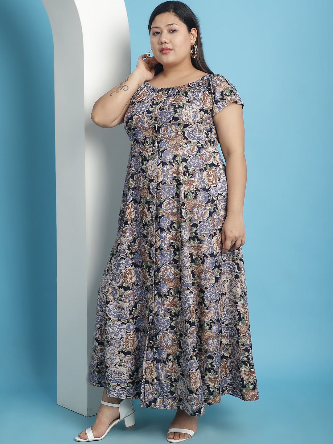 Women's Plus Size Navy Rose floral printed A-Line Maxi dress