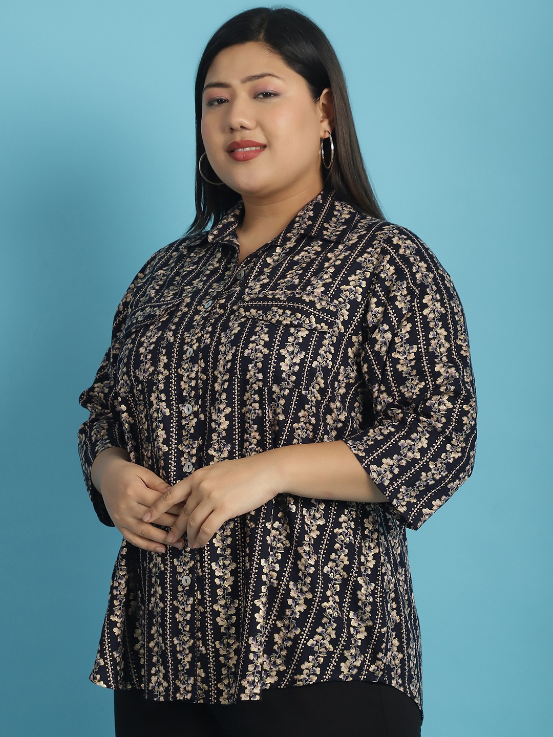 Women's Plus Size Navy Gold Floral abstract printed casual shirt