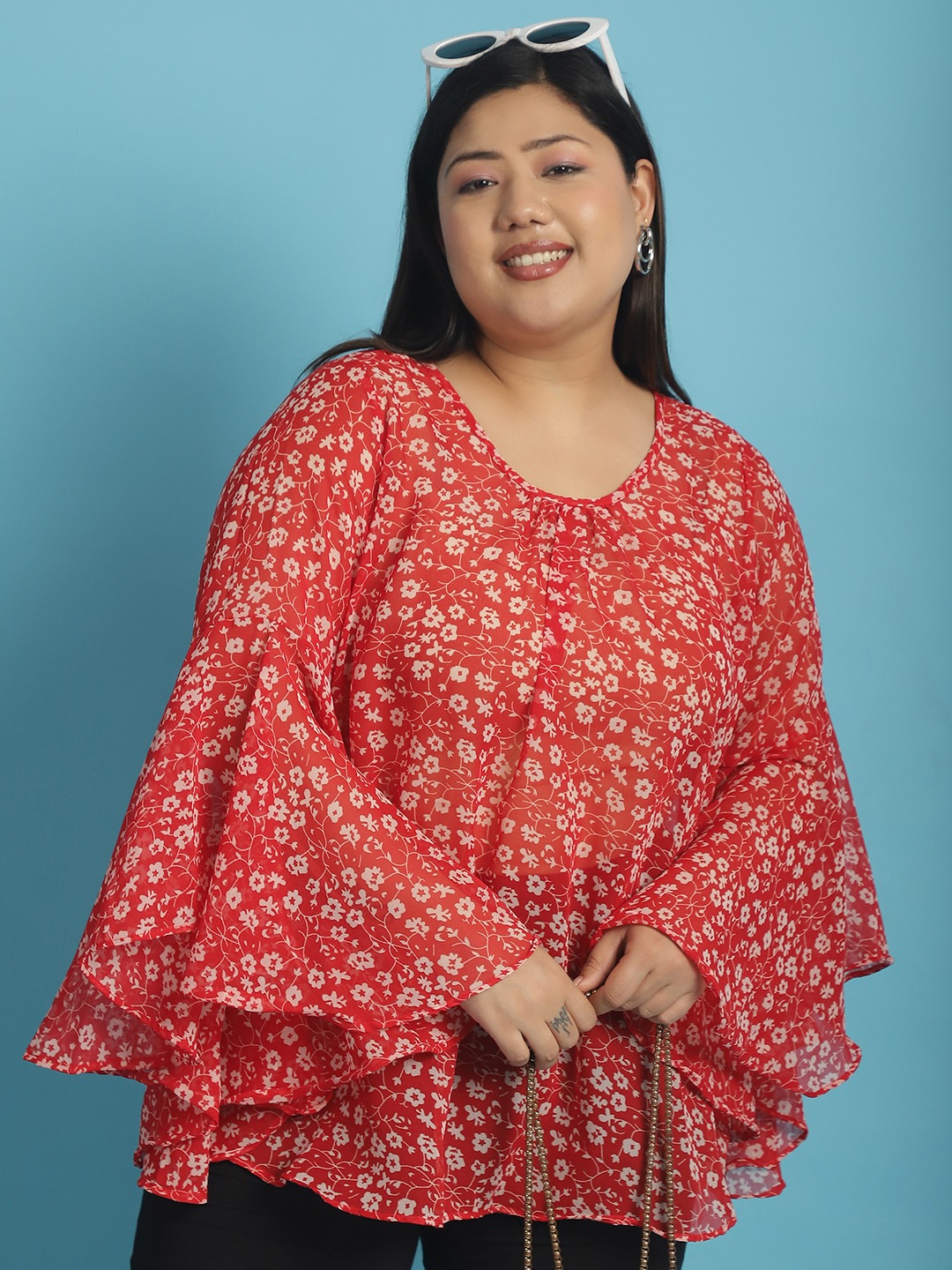 Women's Plus Size Red & White floral print Georgette Longline Top