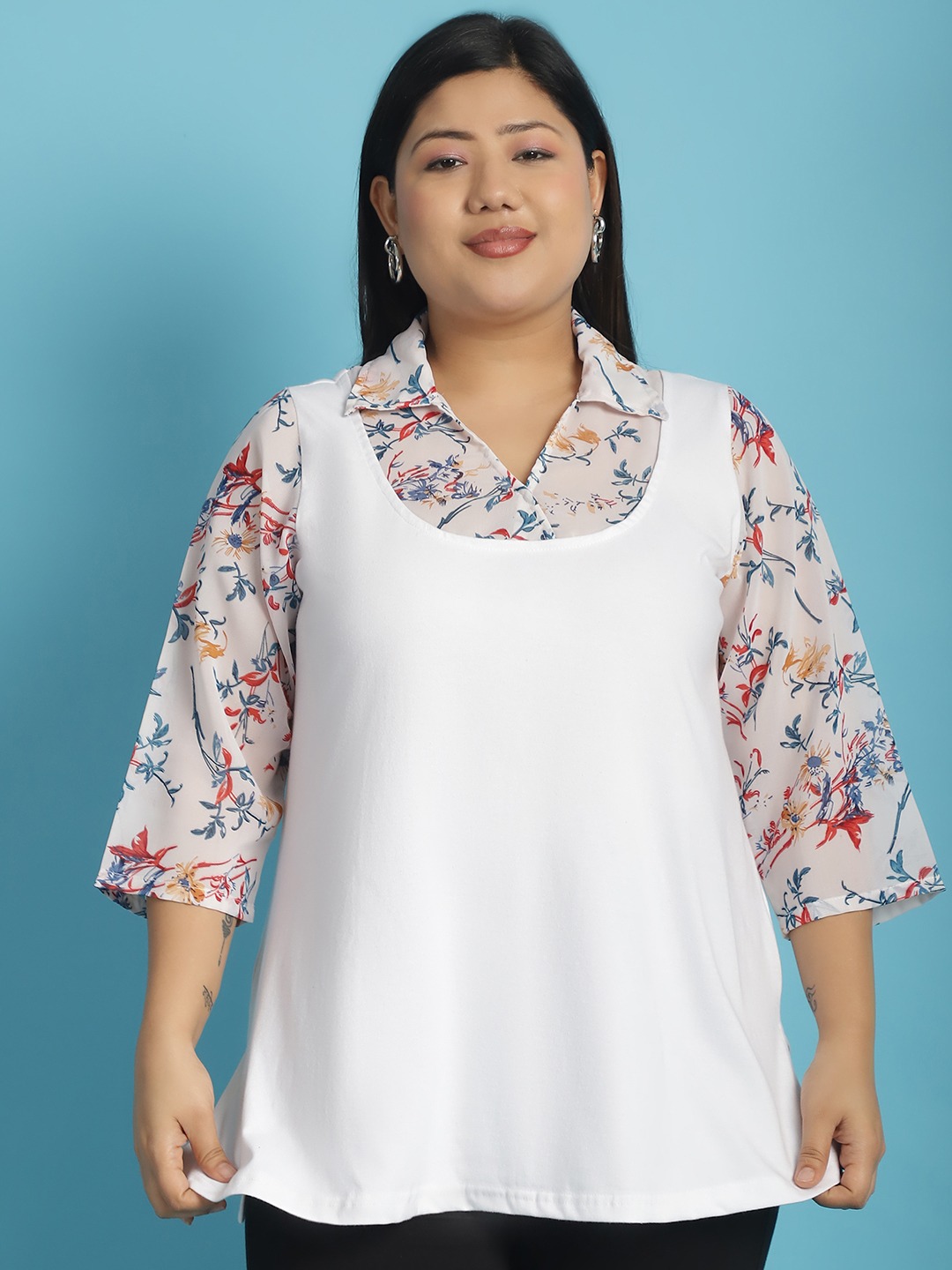 Women's Plus Size White Pink & Blue floral printed Top