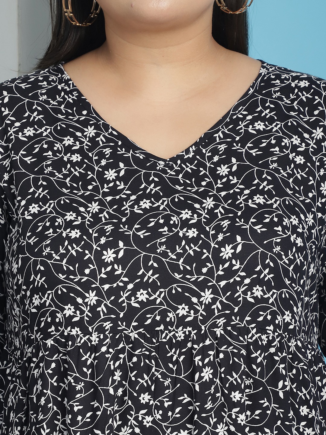 Women's Plus Size Black small floral printed A-Line Midi dress