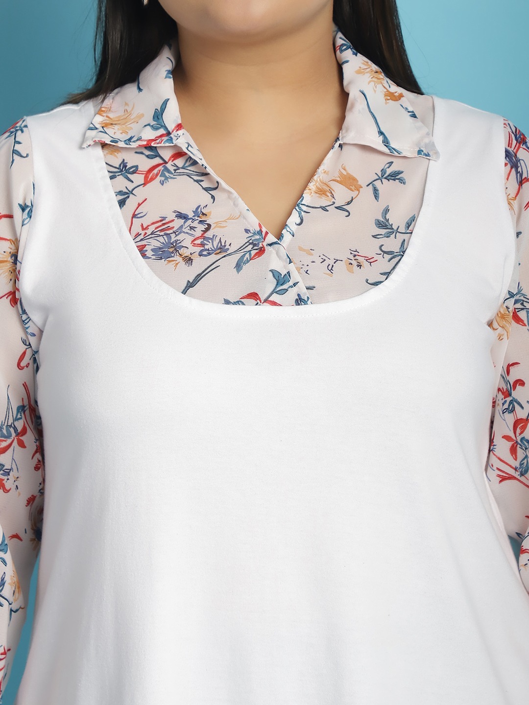 Women's Plus Size White Pink & Blue floral printed Top