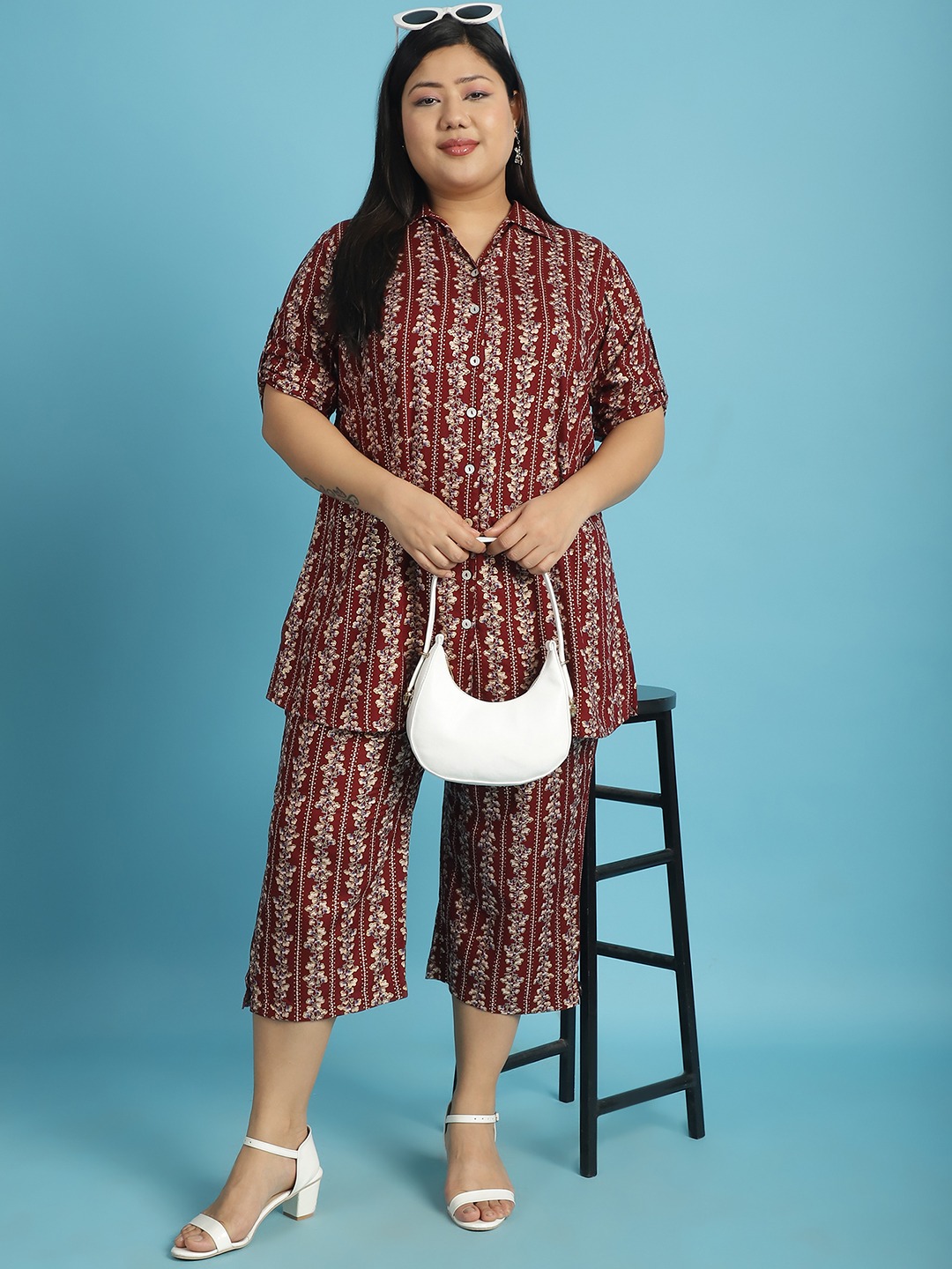 Women's Plus Size Maroon Gold floral printed Shirt With Capri