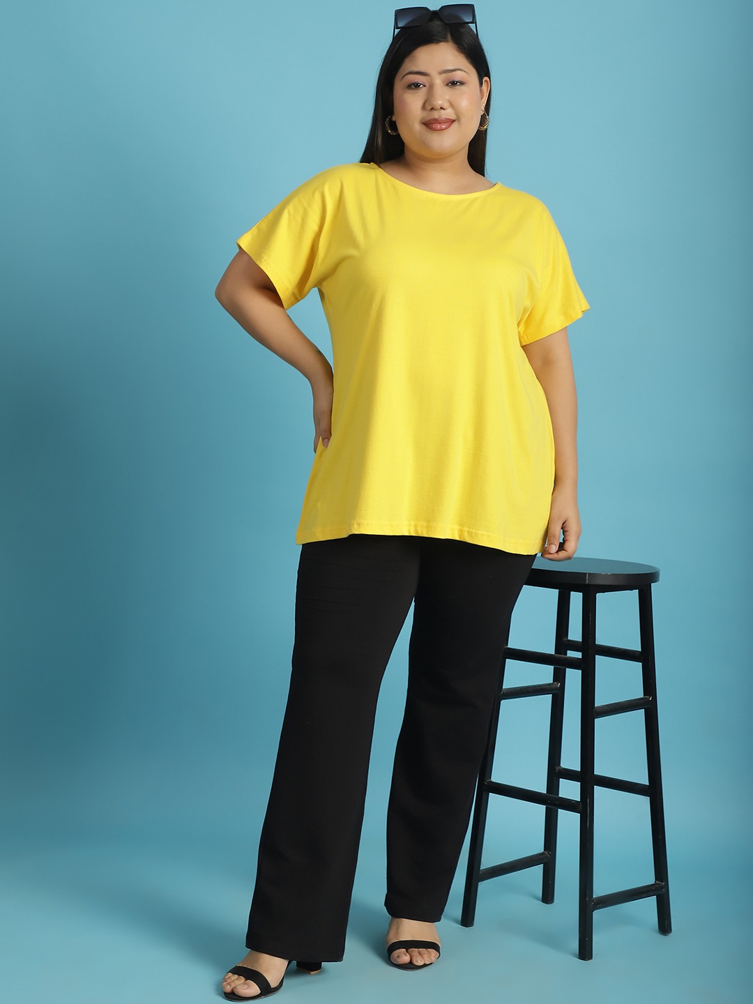 Women's Plus Size Yellow solid color cotton knitted T-shirt