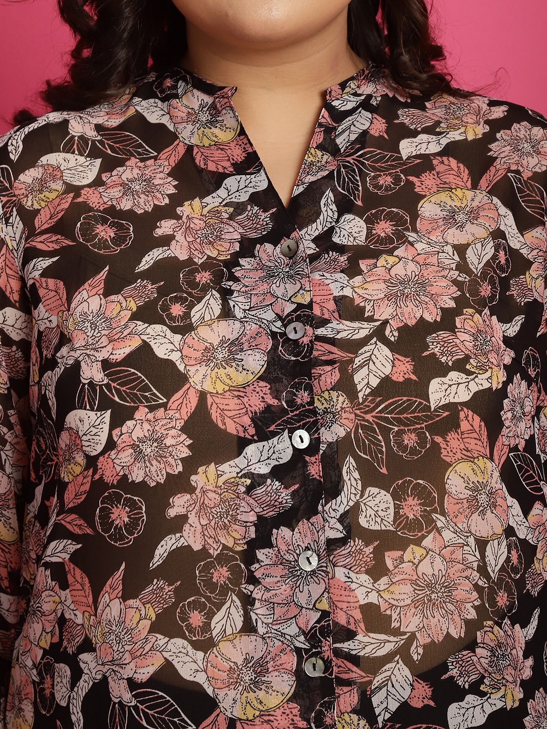 Women's Plus Size Black White & Pink floral print Longline Casual Shirt