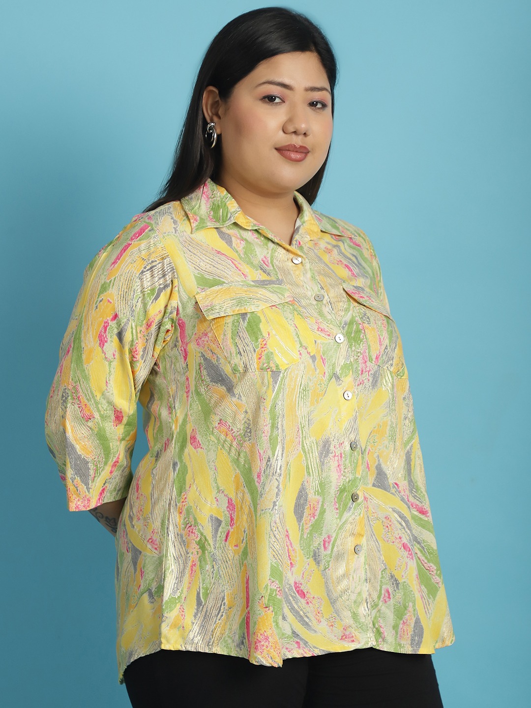 Women's Plus Size Yellow Gold Foil Floral abstract printed casual shirt