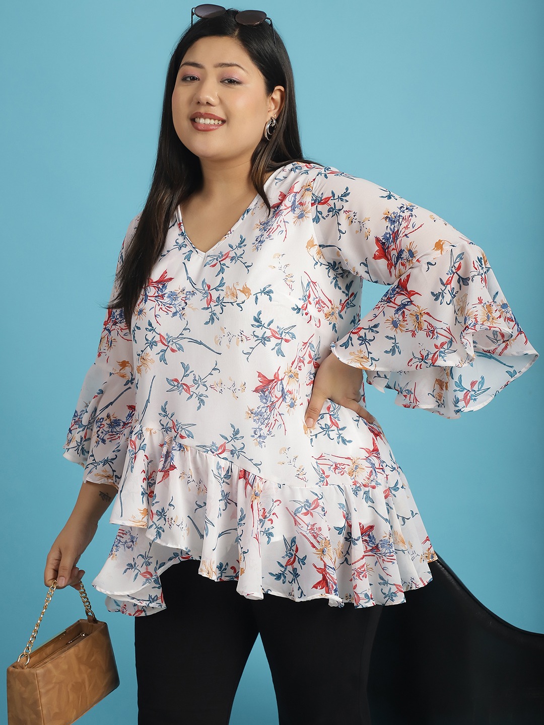 Women's Plus Size White Blue & Red Floral Printed Georgette Longline Wrap Top