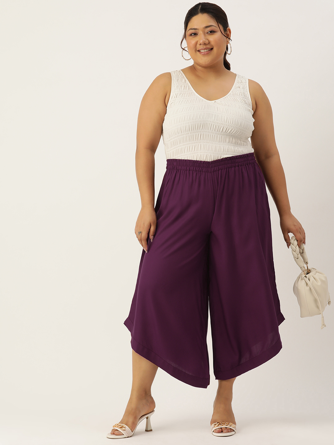 Women's Plus Size Plum Solid Color Woven High Rise Trouser