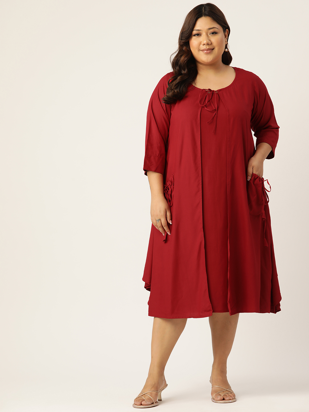 Women's Plus Size Maroon Solid Color Woven A-Line Clothing Set