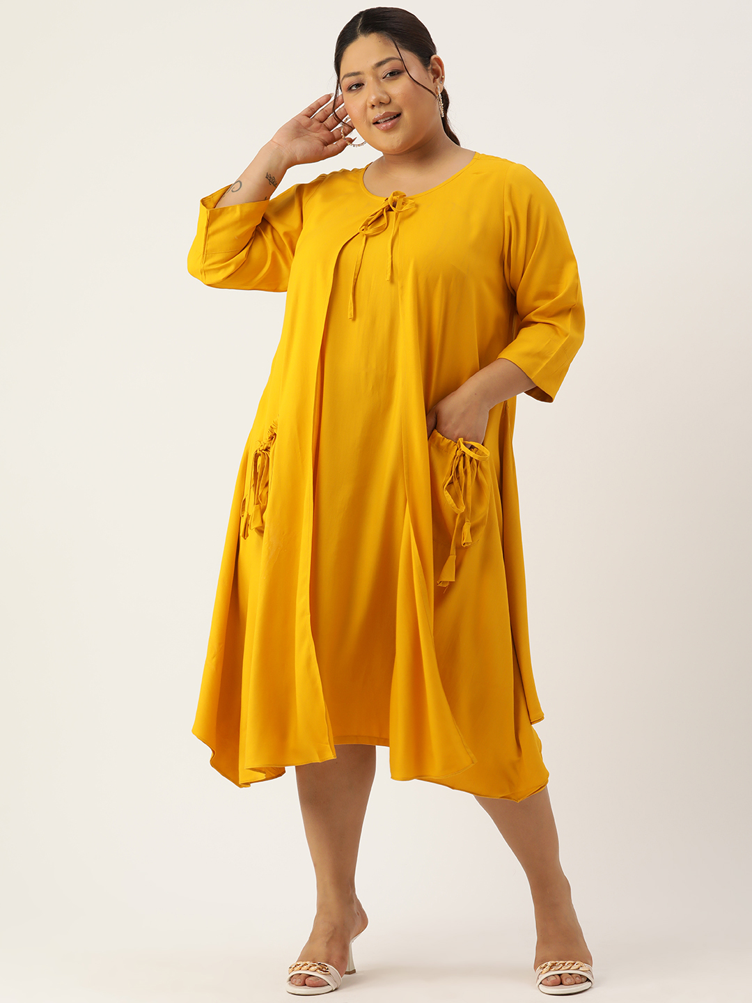 Women's Plus Size Mustard Solid Color Woven A-Line Clothing Set