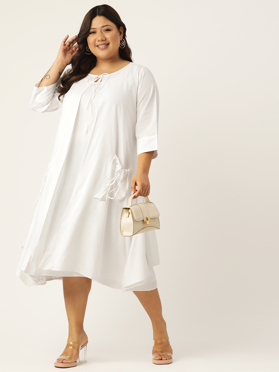 Women's Plus Size White Solid Color Woven A-Line Clothing Set