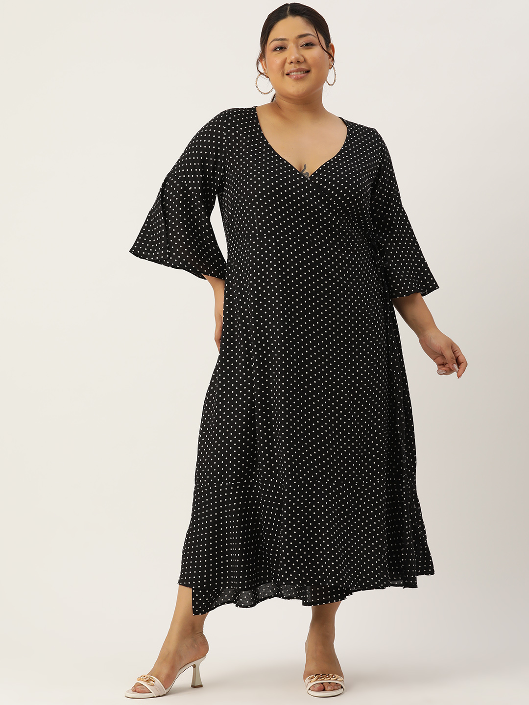 Women's Plus Size Black & White Polka Dot printed A-Line Wrap Midi dress