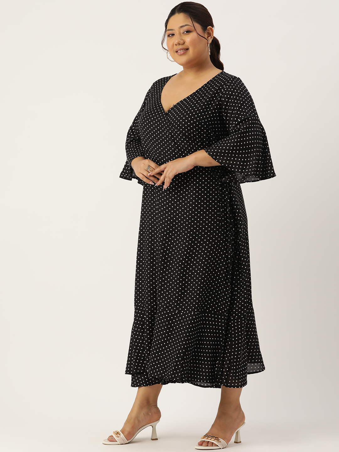 Women's Plus Size Black & White Polka Dot printed A-Line Wrap Midi dress