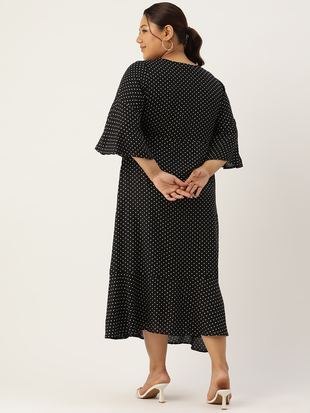 Women's Plus Size Black & White Polka Dot printed A-Line Wrap Midi dress