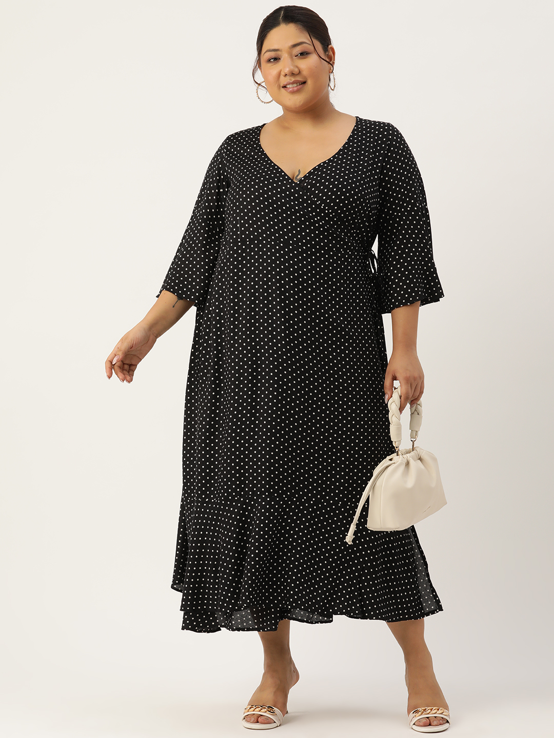 Women's Plus Size Black & White Polka Dot printed A-Line Wrap Midi dress