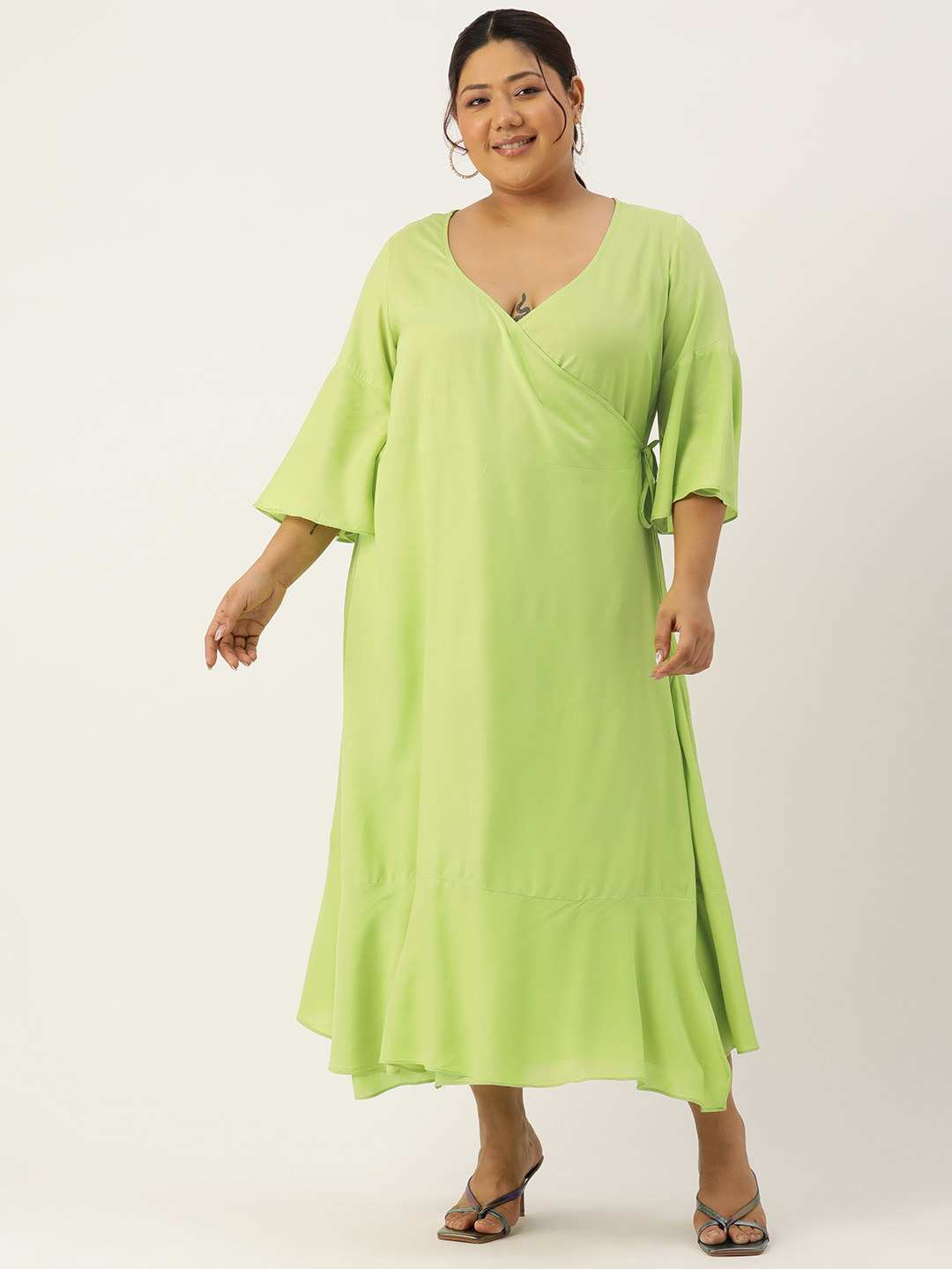 Women's Plus Size Green Solid Color Woven A-Line Wrap Midi dress